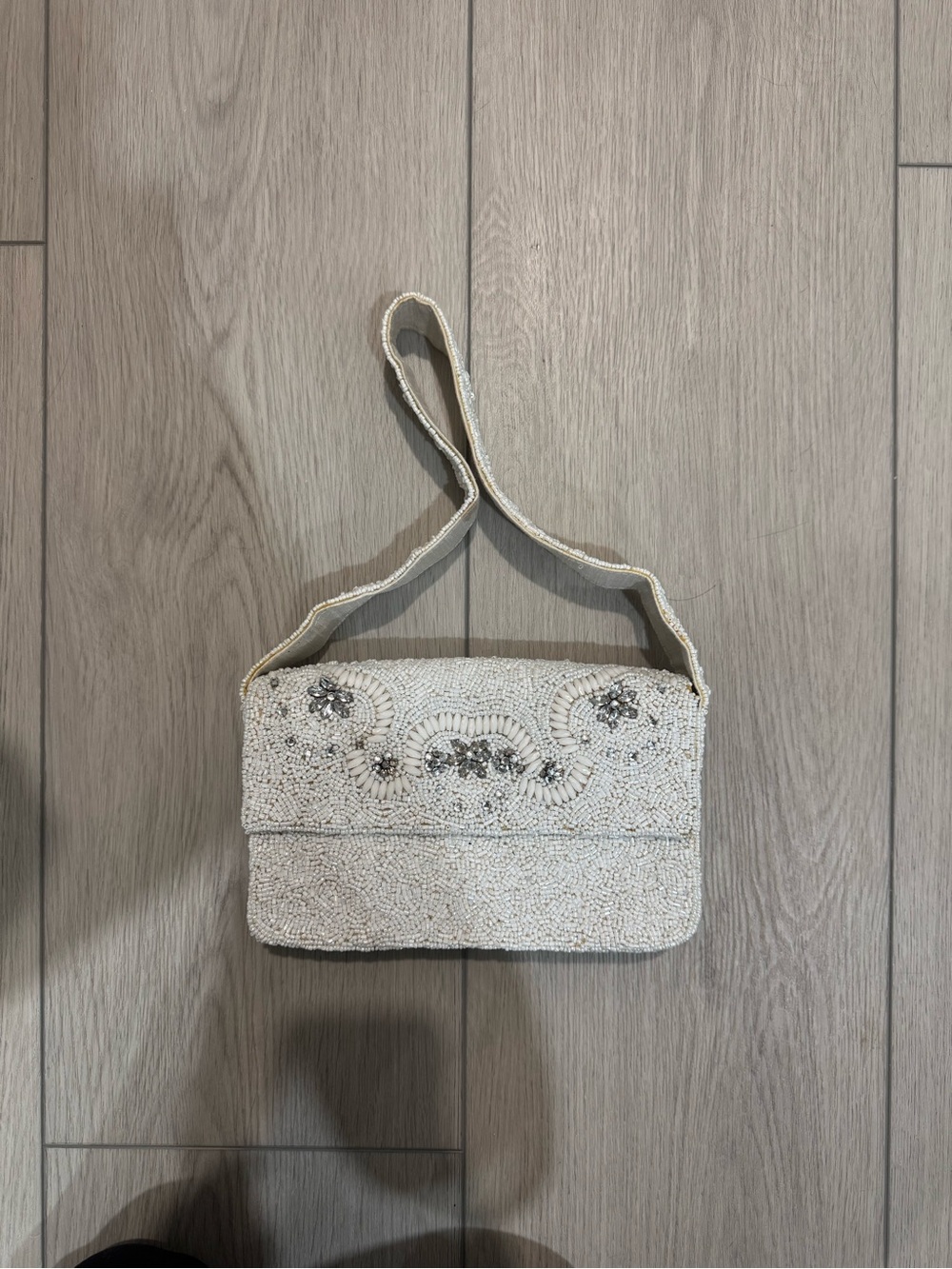 Beaded Ivory Shoulder Bag with Floral Detail